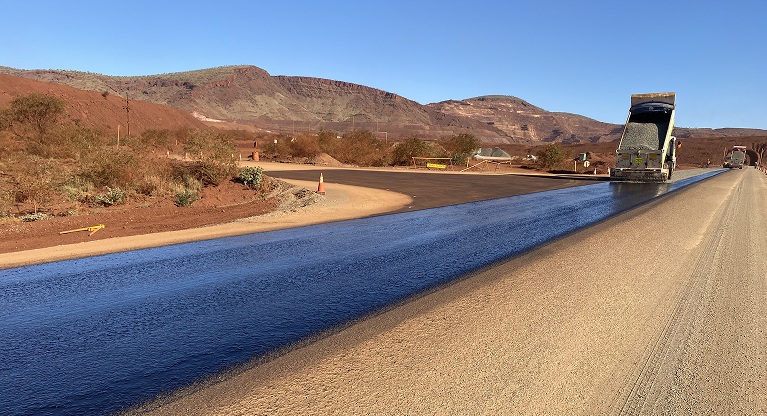 Road construction and asphalt works at a mining site