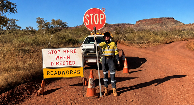 Worker managing roadworks and traffic control at a mining site